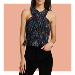 Veronica Beard Kailani Cross Front Floral Paisley Print Chiffon Sleeveless Top